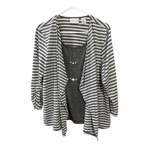 Alfred Dunner Women’s Size L Gray & White Stripe 2-Piece Top with Necklace - Picture 1 of 6